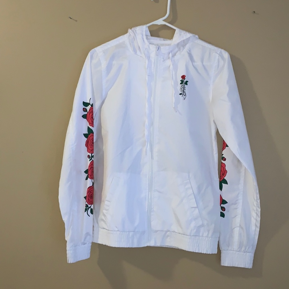 VANS white Nylon zip up jacket with hood and roses on sleeve!